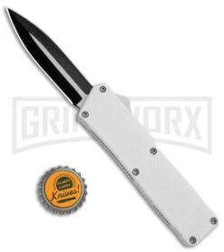 Lightning White D/A OTF Automatic Knife - Dagger Two-Tone Plain -Grindworx Lightning White DA OTF Auto TT Dagger GX 30817 jr bottlecap large