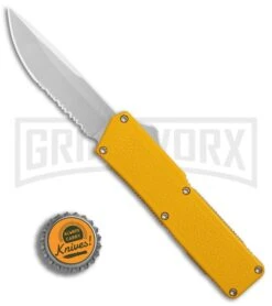 Lightning Yellow D/A OTF Automatic Knife - Satin Serr -Grindworx Lightning Yellow DA Satin Serr BP 27629 er bottlecap large