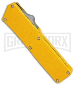 Lightning Yellow D/A OTF Automatic Knife - Satin Serr -Grindworx Lightning Yellow DA Satin Serr BP 27629 er spine large