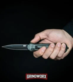 Smith & Wesson Spring Assisted Finger Actuator Tanto OTF Knife - Black Serr -Grindworx MP OTF Spring Assisted Spear Point Knife Gray Black BHQ 80731 kp in hand web large 2
