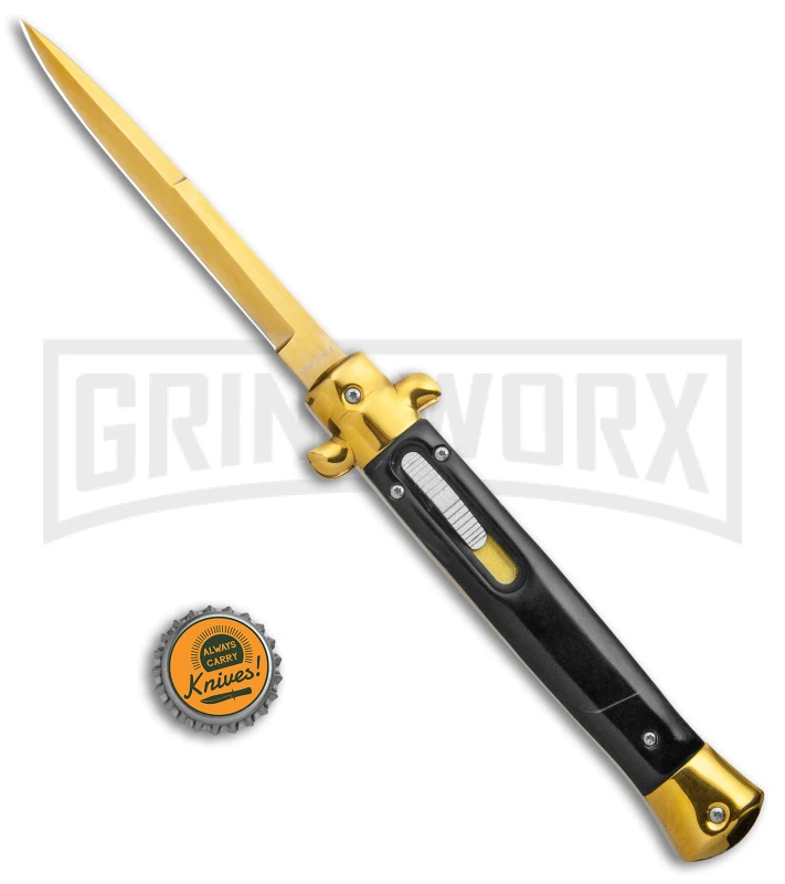 Mago 11" Black Acrylic Italian Stiletto OTF Automatic Knife - Gold Bayonet 7 Mago 11" Black Acrylic Italian Stiletto OTF Automatic Knife - Gold Bayonet - Image 5
