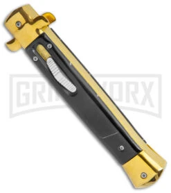 Mago 11" Black Acrylic Italian Stiletto OTF Automatic Knife - Gold Bayonet 8 Mago 11" Black Acrylic Italian Stiletto OTF Automatic Knife - Gold Bayonet -Grindworx Mago 11in Black Gold Marble Italian Stiletto OTF Auto Gold Bolster Gold Bayo GX 38613 jr spine large