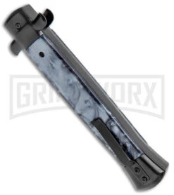 Mago 11" Black Smoke Abyss Italian Stiletto OTF Automatic Knife - Bayo W/Clip -Grindworx Mago 11in Black Smoke Abyss Italian Stiletto OTF Auto Bayo Satin GX 38516 jr side large