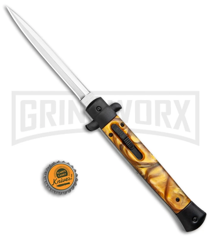 11" Italian Stiletto OTF Auto Knife Black Yellow Acrylic Dagger - Satin 7 11" Italian Stiletto OTF Auto Knife Black Yellow Acrylic Dagger - Satin - Image 5