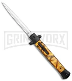 Grindworx 20 11" Italian Stiletto OTF Auto Knife Black Yellow Acrylic Dagger - Satin