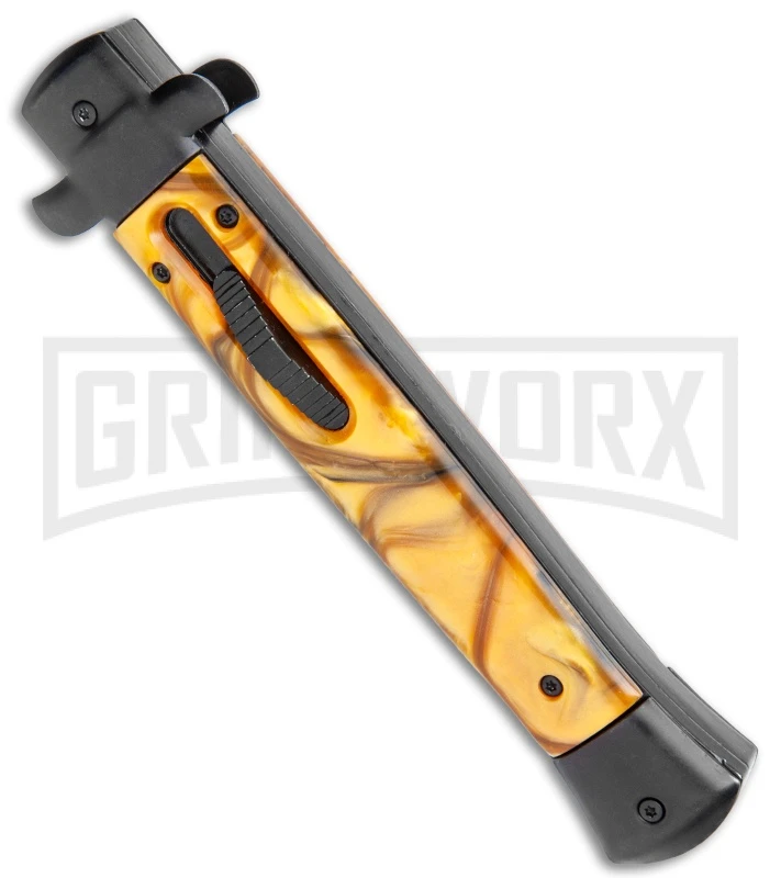 11" Italian Stiletto OTF Auto Knife Black Yellow Acrylic Dagger - Satin 4 11" Italian Stiletto OTF Auto Knife Black Yellow Acrylic Dagger - Satin - Image 2