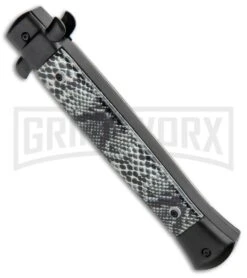 Mago 11" Cottonmouth/Black Italian Stiletto OTF Automatic Knife - Satin Dagger 9 Mago 11" Cottonmouth/Black Italian Stiletto OTF Automatic Knife - Satin Dagger -Grindworx Mago 11in Cottonmouth Black Italian Stiletto OTF Auto Satin Dagger GX 35188 jr side large