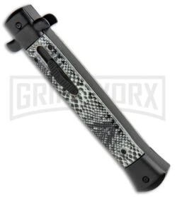 Mago 11" Cottonmouth/Black Italian Stiletto OTF Automatic Knife - Satin Dagger 8 Mago 11" Cottonmouth/Black Italian Stiletto OTF Automatic Knife - Satin Dagger -Grindworx Mago 11in Cottonmouth Black Italian Stiletto OTF Auto Satin Dagger GX 35188 jr spine large