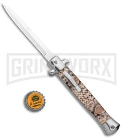 Mago 11" Diamondback Italian Stiletto OTF Automatic Knife - Satin Bayo 11 Mago 11" Diamondback Italian Stiletto OTF Automatic Knife - Satin Bayo -Grindworx Mago 11in Diamondback Italian Stiletto OTF Auto Satin Bayo GX 37622 jr bottlecap large