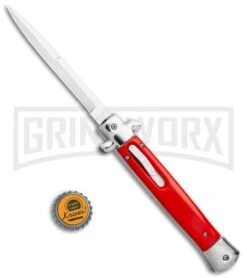 Mago 11" Bayonet Italian Stiletto OTF Knife Red W/Polished Bolster - Satin Plain -Grindworx Mago 11in Red Bayo Italian Stiletto OTF Auto Satin Silver Boster GX 36174 jr bottlecap large