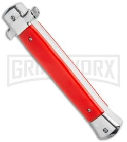 Mago 11" Bayonet Italian Stiletto OTF Knife Red W/Polished Bolster - Satin Plain -Grindworx Mago 11in Red Bayo Italian Stiletto OTF Auto Satin Silver Boster GX 36174 jr side large