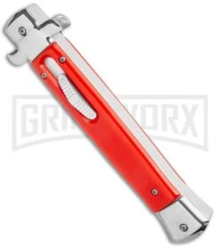 Mago 11" Bayonet Italian Stiletto OTF Knife Red W/Polished Bolster - Satin Plain -Grindworx Mago 11in Red Bayo Italian Stiletto OTF Auto Satin Silver Boster GX 36174 jr spine large