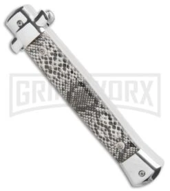 Mago 11" Sidewinder Italian Stiletto OTF Automatic Knife - Satin Dagger AUS 8 9 Mago 11" Sidewinder Italian Stiletto OTF Automatic Knife - Satin Dagger AUS 8 -Grindworx Mago 11in Sidewinder Italian Stiletto OTF Auto Satin Dagger GX 35130 jr side large