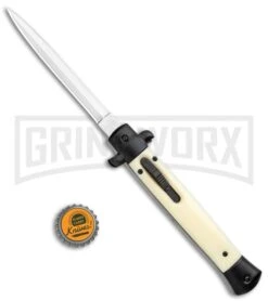 Mago 11" Sim Ivory/Black Italian Stiletto OTF Automatic Knife - Dagger Satin -Grindworx Mago 11in Sim Ivory Black Italian Stiletto OTF Auto Satin Dagger GX 36380 jr bottlecap large