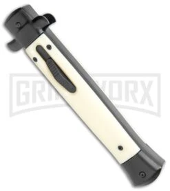 Mago 11" Sim Ivory/Black Italian Stiletto OTF Automatic Knife - Dagger Satin -Grindworx Mago 11in Sim Ivory Black Italian Stiletto OTF Auto Satin Dagger GX 36380 jr spine large