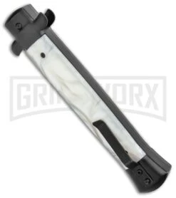 Mago Italian Stiletto OTF Auto White Marble/Black Bolsters Dagger W/ Clip -Grindworx Mago 11in White Marble Italian Stiletto OTF Auto Black Bolsters Satin Dagger GX 37601 jr side large
