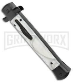Mago Italian Stiletto OTF Auto White Marble/Black Bolsters Dagger W/ Clip -Grindworx Mago 11in White Marble Italian Stiletto OTF Auto Black Bolsters Satin Dagger GX 37601 jr spine large