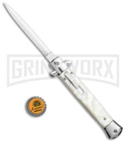 Mago 11" White Marble Italian Stiletto OTF Automatic Knife - Satin Plain Dagger -Grindworx Mago 11in White Marble Italian Stiletto OTF Auto Satin Dagger GX 36284 jr bottlecap large