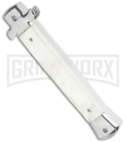 Mago 11" White Marble Italian Stiletto OTF Automatic Knife - Satin Plain Dagger -Grindworx Mago 11in White Marble Italian Stiletto OTF Auto Satin Dagger GX 36284 jr side large