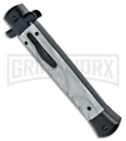 Mago 11" White Marble Italian Stiletto OTF Auto Knife Black Bolsters Dagger -Grindworx Mago 11in White Marble Italian Stiletto OTF Black Bolsters Dagger GX 33946 jr spine large