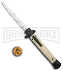 Mago 11" Sim Ivory/Black Italian Stiletto OTF Automatic Knife - Bayo Satin -Grindworx Mago 11in Wood Black Italian Stiletto Bayo Satin GX 33969 jr bottlecap large
