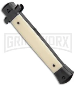 Mago 11" Sim Ivory/Black Italian Stiletto OTF Automatic Knife - Bayo Satin -Grindworx Mago 11in Wood Black Italian Stiletto Bayo Satin GX 33969 jr side large