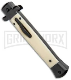 Mago 11" Sim Ivory/Black Italian Stiletto OTF Automatic Knife - Bayo Satin -Grindworx Mago 11in Wood Black Italian Stiletto Bayo Satin GX 33969 jr spine large