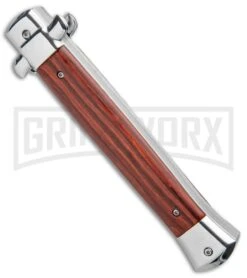 Mago 11" Wood Italian Stiletto OTF Automatic Knife - Satin Plain -Grindworx Mago 11in Wood Italian Stiletto OTF Auto Satin GX 33803 jr side large