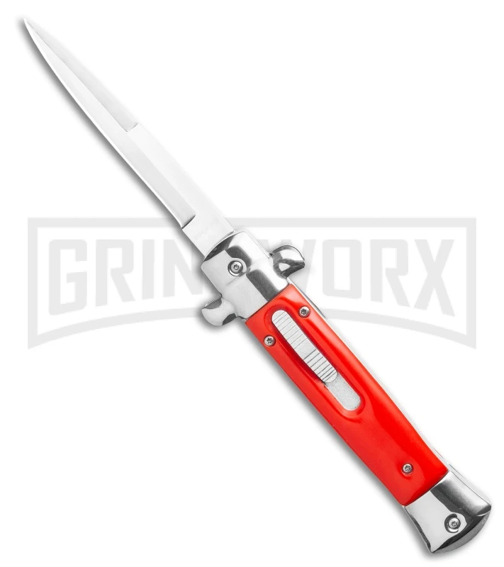Mago 9" Red Bayonet Italian Stiletto OTF Automatic - Satin Plain Silver Bolster 3 Mago 9" Red Bayonet Italian Stiletto OTF Automatic - Satin Plain Silver Bolster