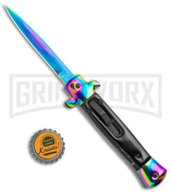 Mago 9" Italian Stiletto OTF Auto Knife Black Acrylic Rainbow Bolster - Spectrum 11 Mago 9" Italian Stiletto OTF Auto Knife Black Acrylic Rainbow Bolster - Spectrum -Grindworx Mago 9in Black Acrylic Italian Stiletto OTF Auto Rainbow Bolster Rainbow Bayo GX 38621 jr bottlecap large