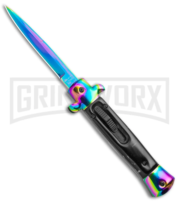 Mago 9" Italian Stiletto OTF Auto Knife Black Acrylic Rainbow Bolster - Spectrum 3 Mago 9" Italian Stiletto OTF Auto Knife Black Acrylic Rainbow Bolster - Spectrum