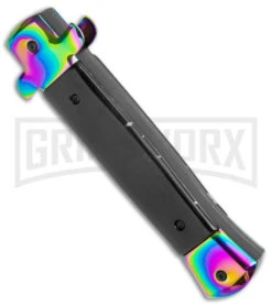 Mago 9" Italian Stiletto OTF Auto Knife Black Acrylic Rainbow Bolster - Spectrum 9 Mago 9" Italian Stiletto OTF Auto Knife Black Acrylic Rainbow Bolster - Spectrum -Grindworx Mago 9in Black Acrylic Italian Stiletto OTF Auto Rainbow Bolster Rainbow Bayo GX 38621 jr side large