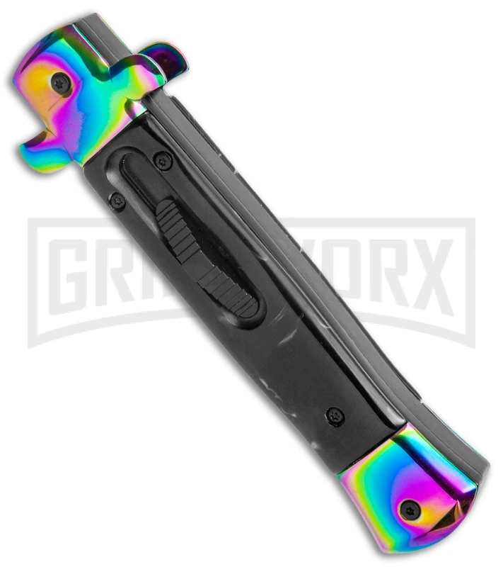Mago 9" Italian Stiletto OTF Auto Knife Black Acrylic Rainbow Bolster - Spectrum 4 Mago 9" Italian Stiletto OTF Auto Knife Black Acrylic Rainbow Bolster - Spectrum - Image 2