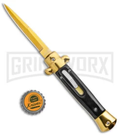 Mago 9" Black Acrylic Italian Stiletto OTF Automatic Knife - Gold Bayonet -Grindworx Mago 9in Black Gold Marble Italian Stiletto OTF Auto Gold Bolster Gold Bayo GX 38620 jr bottlecap large