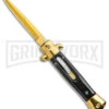 Mago 9" Black Acrylic Italian Stiletto OTF Automatic Knife - Gold Bayonet -Grindworx Mago 9in Black Gold Marble Italian Stiletto OTF Auto Gold Bolster Gold Bayo GX 38620 jr large