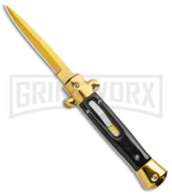 Mago 9" Black Acrylic Italian Stiletto OTF Automatic Knife - Gold Bayonet