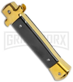 Mago 9" Black Acrylic Italian Stiletto OTF Automatic Knife - Gold Bayonet -Grindworx Mago 9in Black Gold Marble Italian Stiletto OTF Auto Gold Bolster Gold Bayo GX 38620 jr side large