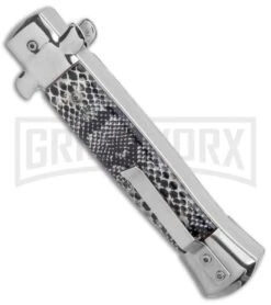 Mago 9" Cottonmouth Italian Stiletto OTF Automatic Knife - Satin Plain Dagger -Grindworx Mago 9in Cottonmouth Italian Stiletto OTF Auto Satin Plain Dagger GX 37457 jr side large