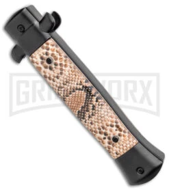 Mago 9" Diamondback Italian Stiletto OTF Automatic Knife - Satin Plain W/o Clip -Grindworx Mago 9in Diamondback Italian Stiletto OTF Auto Satin without Clip BHQ 143886 jr side large