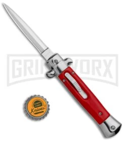 Mago 9" Red Italian Stiletto OTF Automatic - Dagger Satin Plain -Grindworx Mago 9in Red Italian Stiletto OTF Auto Satin Plain Silver Bolster GX 37038 jr bottlecap large