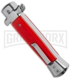 Mago 9" Red Italian Stiletto OTF Automatic - Dagger Satin Plain -Grindworx Mago 9in Red Italian Stiletto OTF Auto Satin Plain Silver Bolster GX 37038 jr side large