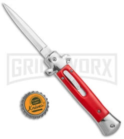 Mago 9" Red Italian Stiletto OTF Automatic - Dagger Satin Plain W/o Clip -Grindworx Mago 9in Red Stiletto OTF Auto Dagger Satin GX 38916 jr bottlecap large