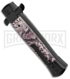 Mago 9" Sidewinder Italian Stiletto OTF Auto Knife Black - Bayonet Satin Plain 9 Mago 9" Sidewinder Italian Stiletto OTF Auto Knife Black - Bayonet Satin Plain -Grindworx Mago 9in Sidewinder Italian Stiletto OTF Auto Black Bayo Satin GX 37208 jr side large