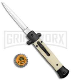 Mago 9" Sim Ivory Italian Stiletto OTF Auto Knife - Dagger Satin Plain -Grindworx Mago 9in Sim Ivory Italian Stiletto OTF Auto Black Bolsters Satin Dagger GX 37615 jr bottlecap large