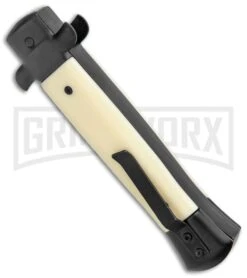Mago 9" Sim Ivory Italian Stiletto OTF Auto Knife - Dagger Satin Plain -Grindworx Mago 9in Sim Ivory Italian Stiletto OTF Auto Black Bolsters Satin Dagger GX 37615 jr side large