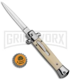 Mago 9" Sim Ivory Italian Stiletto OTF Automatic Knife - Satin Plain Dagg -Grindworx Mago 9in Sim Ivory Italian Stiletto OTF Auto Satin Bayo GX 37053 jr bottlecap large