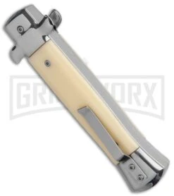 Mago 9" Sim Ivory Italian Stiletto OTF Automatic Knife - Satin Plain Dagg -Grindworx Mago 9in Sim Ivory Italian Stiletto OTF Auto Satin Bayo GX 37053 jr side large