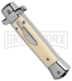 Mago 9" Sim Ivory Italian Stiletto OTF Automatic Knife - Satin Plain Dagg -Grindworx Mago 9in Sim Ivory Italian Stiletto OTF Auto Satin Bayo GX 37053 jr spine large