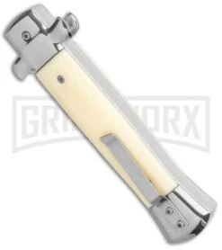 Mago 9" Sim Ivory Italian Stiletto OTF Auto Knife Satin Bolsters - Satin Bayonet -Grindworx Mago 9in Sim Ivory Italian Stiletto OTF Auto Satin Bolsters Satin Bayo GX 37326 jr side large