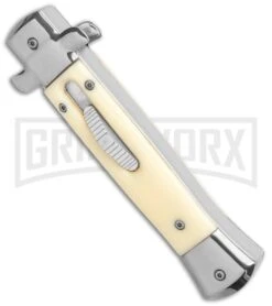 Mago 9" Sim Ivory Italian Stiletto OTF Auto Knife Satin Bolsters - Satin Bayonet -Grindworx Mago 9in Sim Ivory Italian Stiletto OTF Auto Satin Bolsters Satin Bayo GX 37326 jr spine large